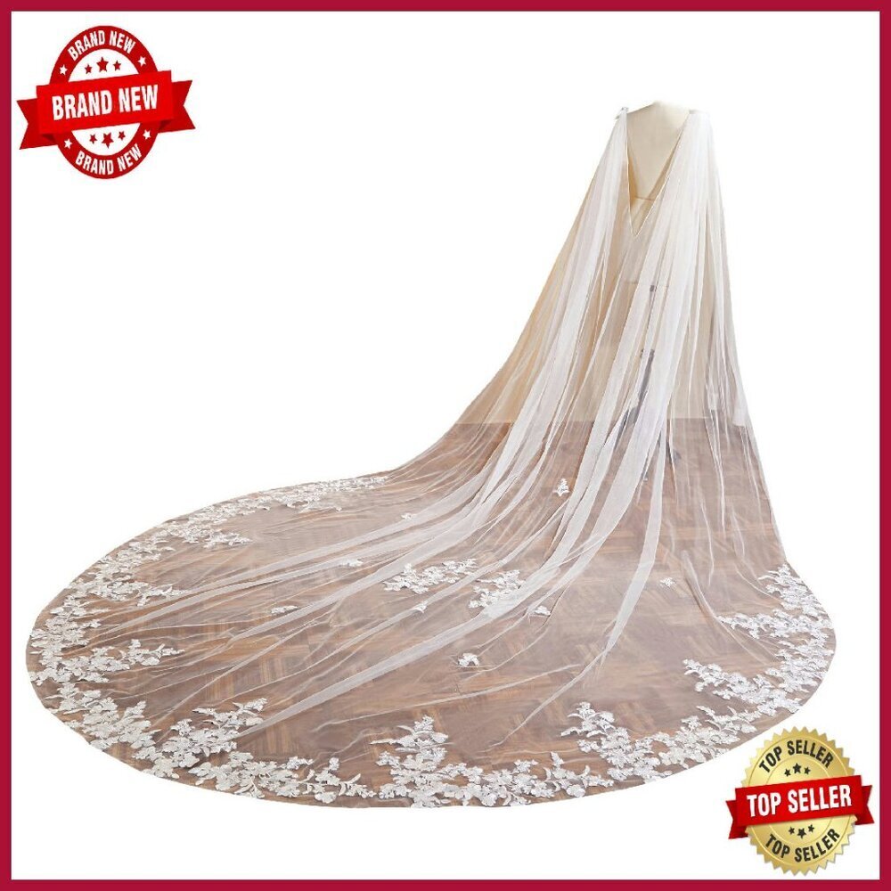 Cathedral Length Floral Lace Wedding Veil Cape With Brooch